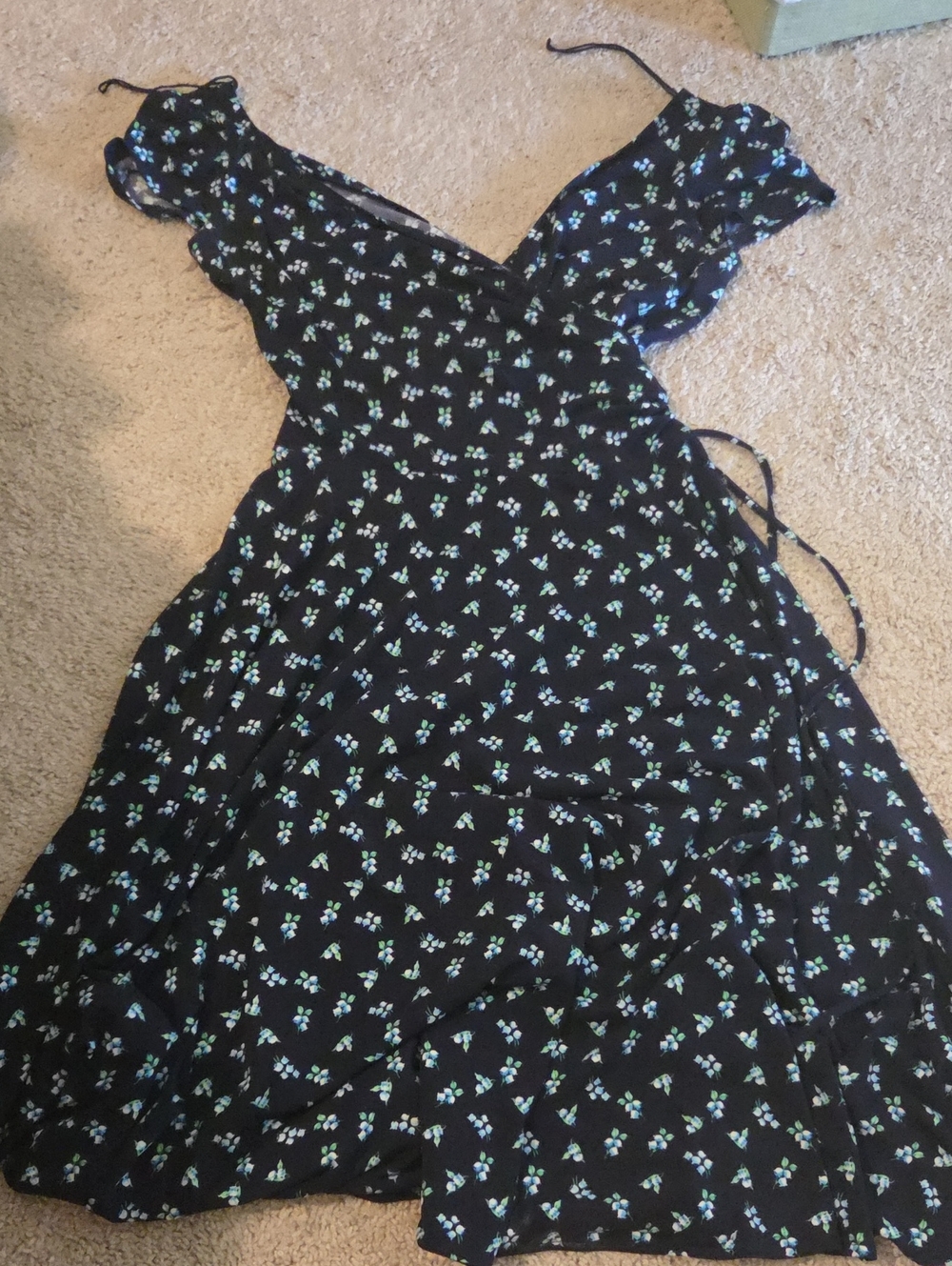 Navy Floral Wrap Midi Dress with Blue and Green Print